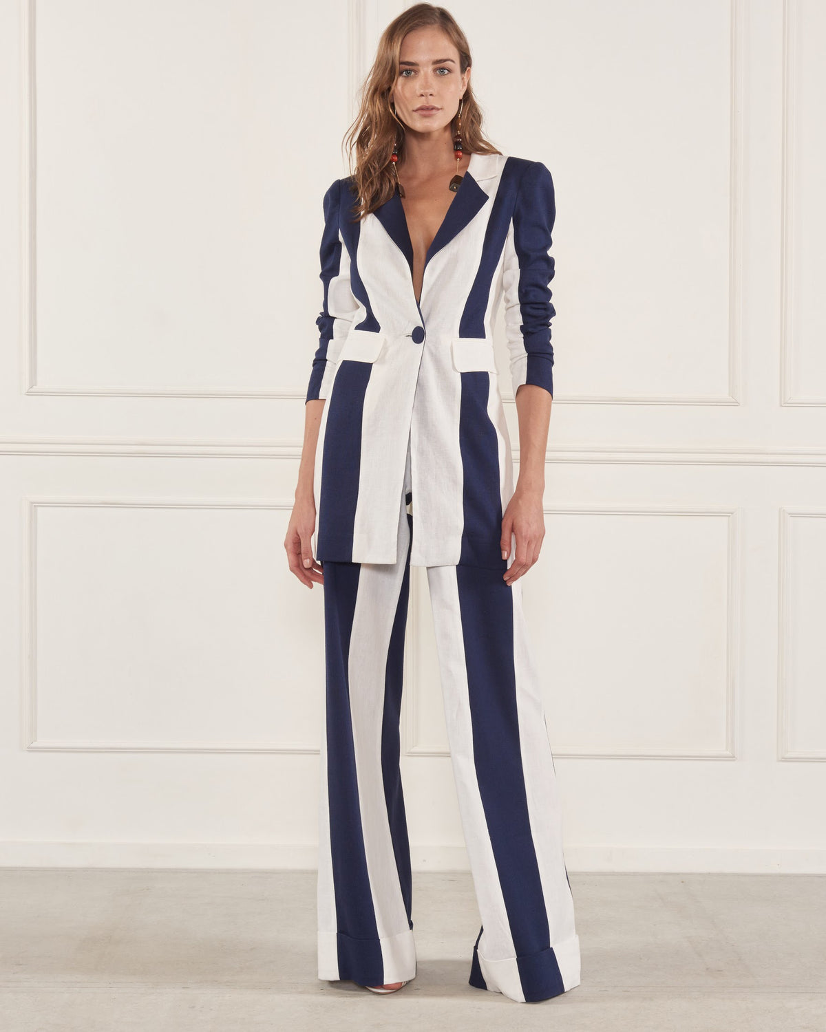 White and Blue Striped Linen Flared Pants