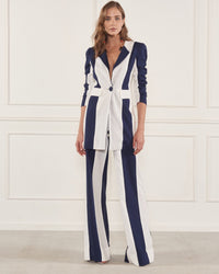 White and Blue Striped Linen Flared Pants