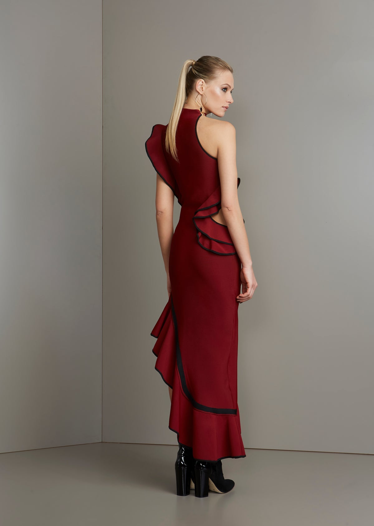 Burgundy Bandage Midi Ruffle Dress