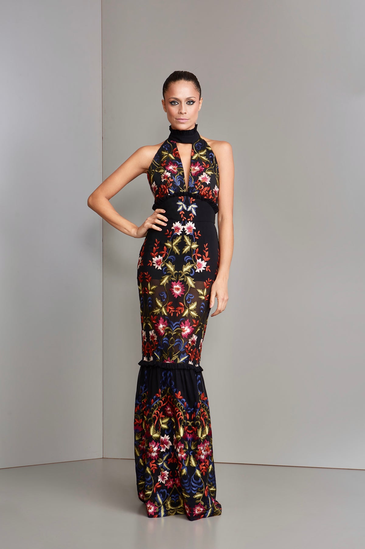Black Floral Embroidery Halter Dress with Built in Shorts