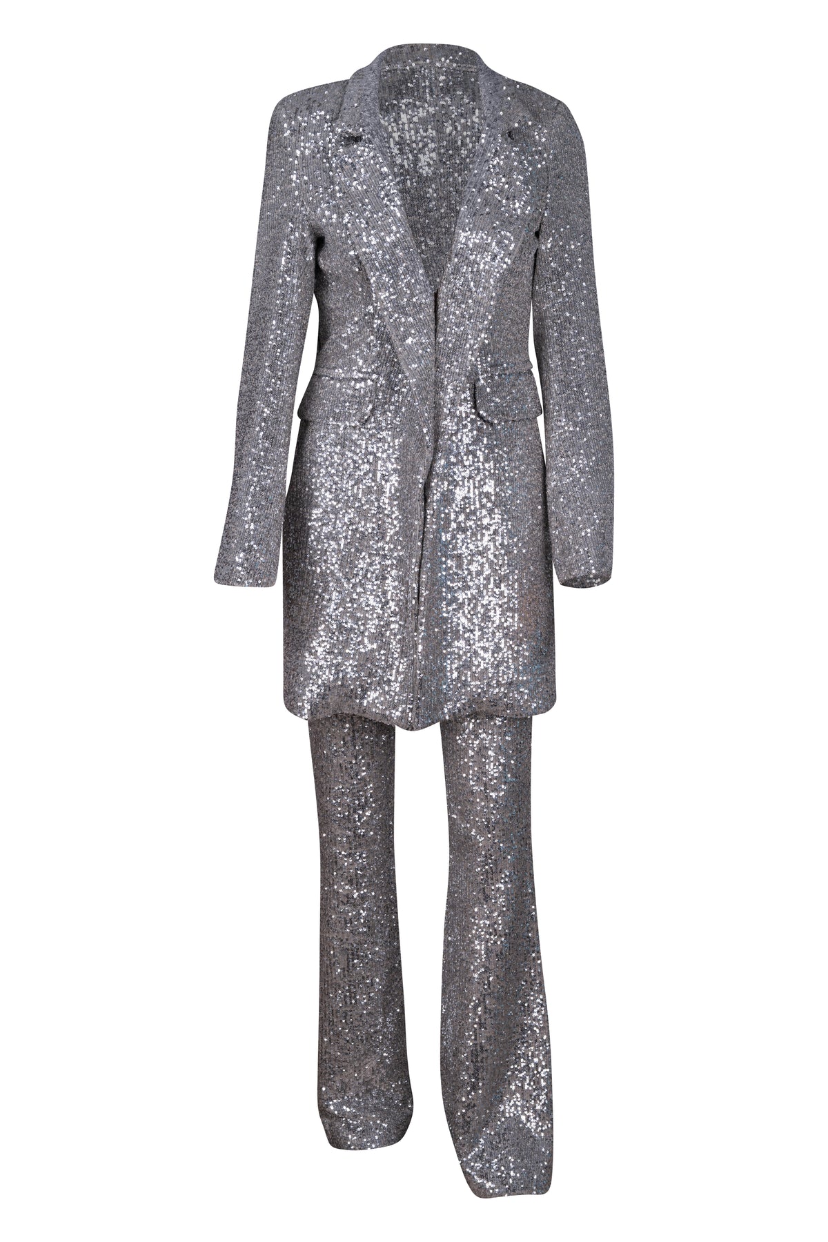 Silver Sequin Tuxedo Jacket with Bell Bottom Pants