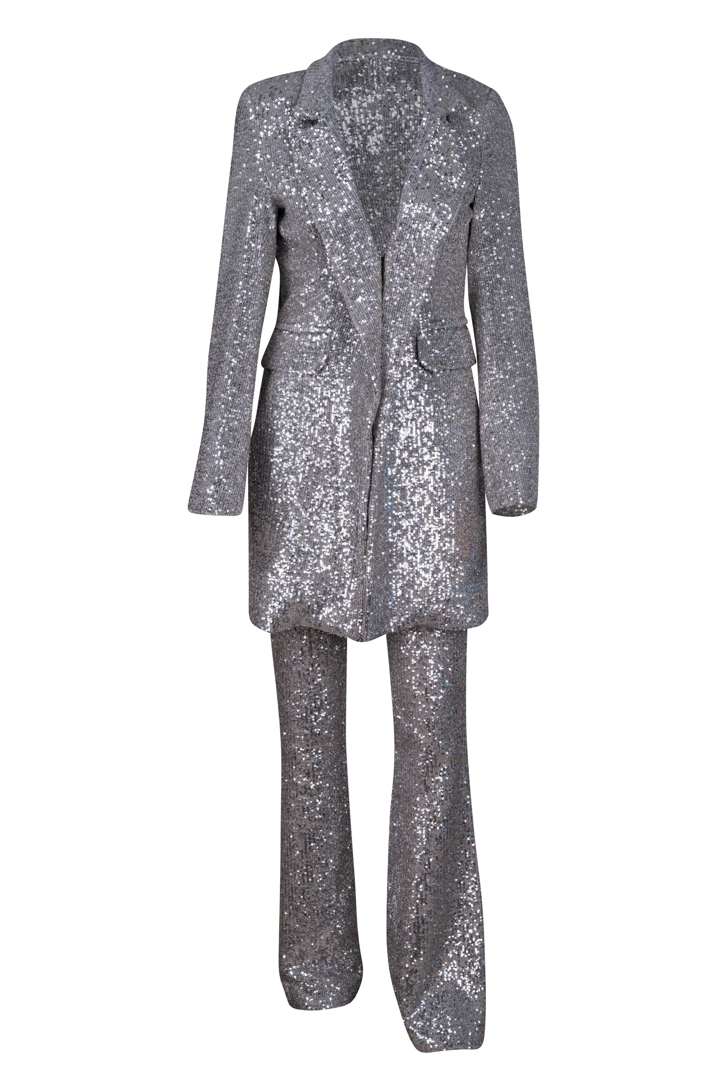 Silver Sequin Tuxedo Jacket with Bell Bottom Pants