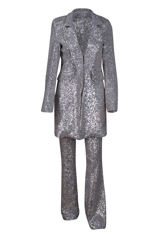 Silver Sequin Tuxedo Jacket with Bell Bottom Pants