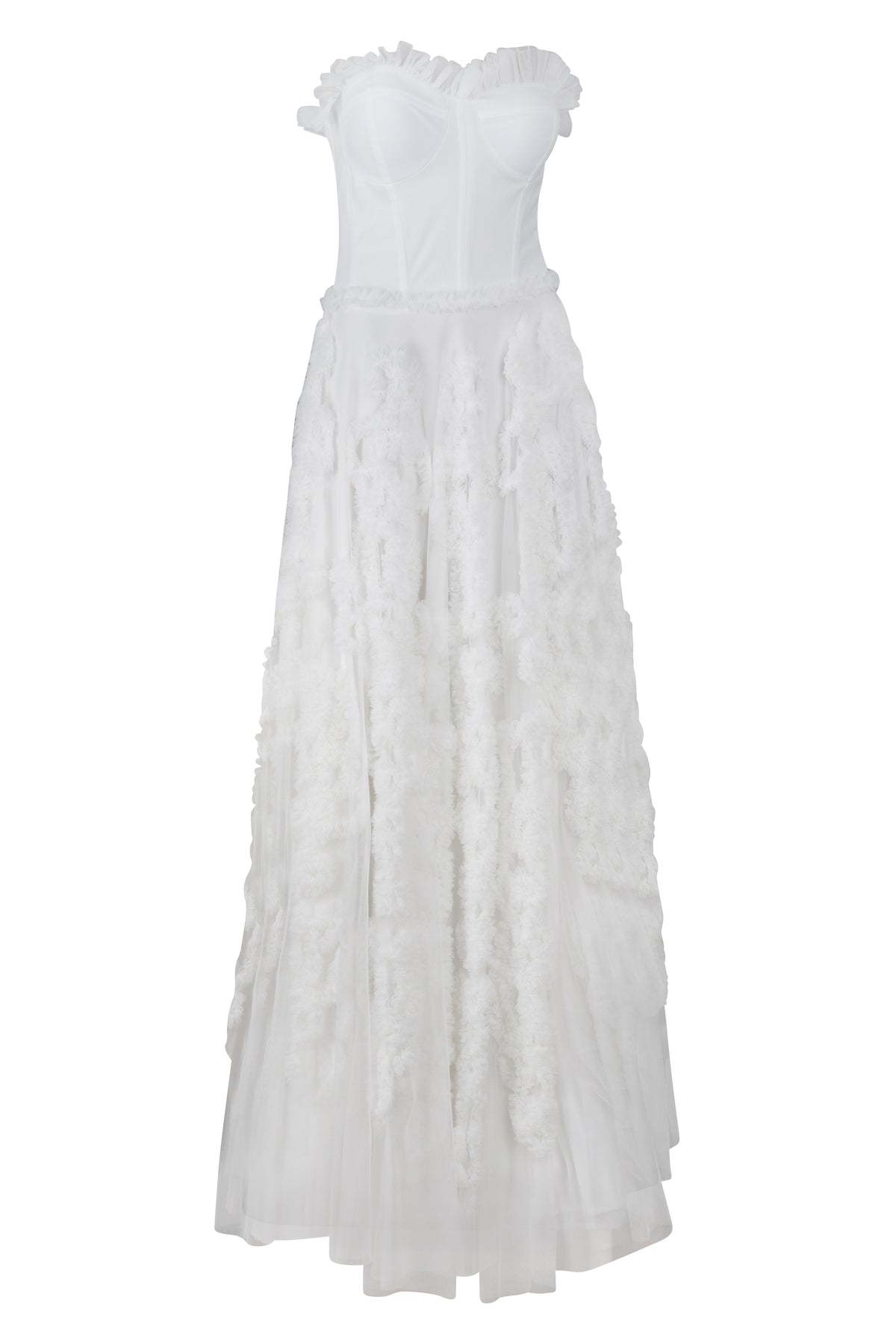 White Strapless Ruffled Tulle Gown