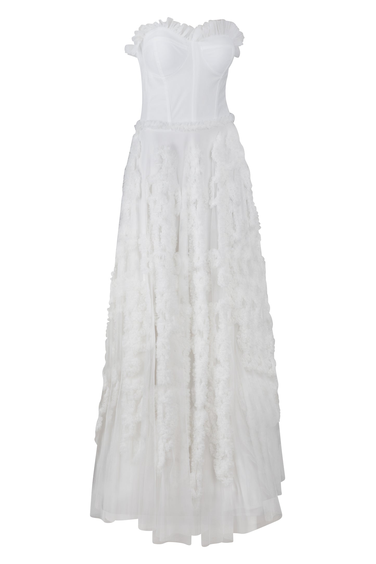 White Strapless Ruffled Tulle Gown
