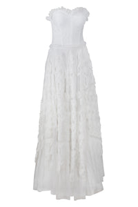 White Strapless Ruffled Tulle Gown