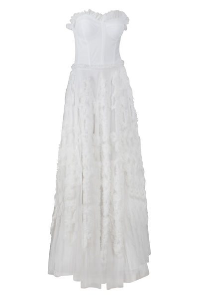 White Strapless Ruffled Tulle Gown