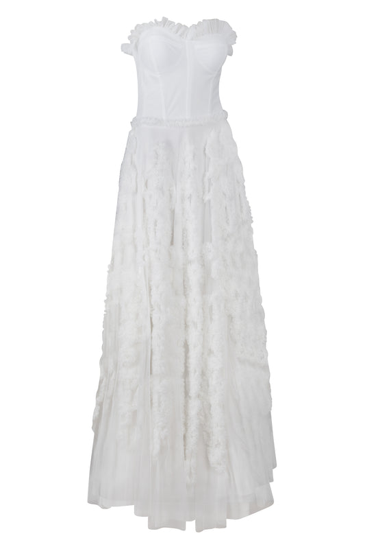 White Strapless Ruffled Tulle Gown
