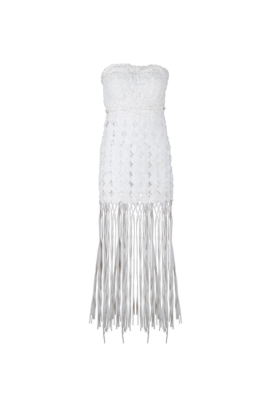 White Strapless Fuxico Fringe Dress