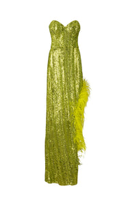 Lime Green Sequin Dress with Ostrich Feathers