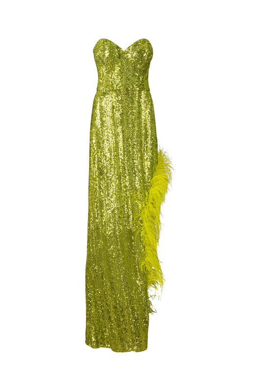 Lime Green Sequin Dress with Ostrich Feathers