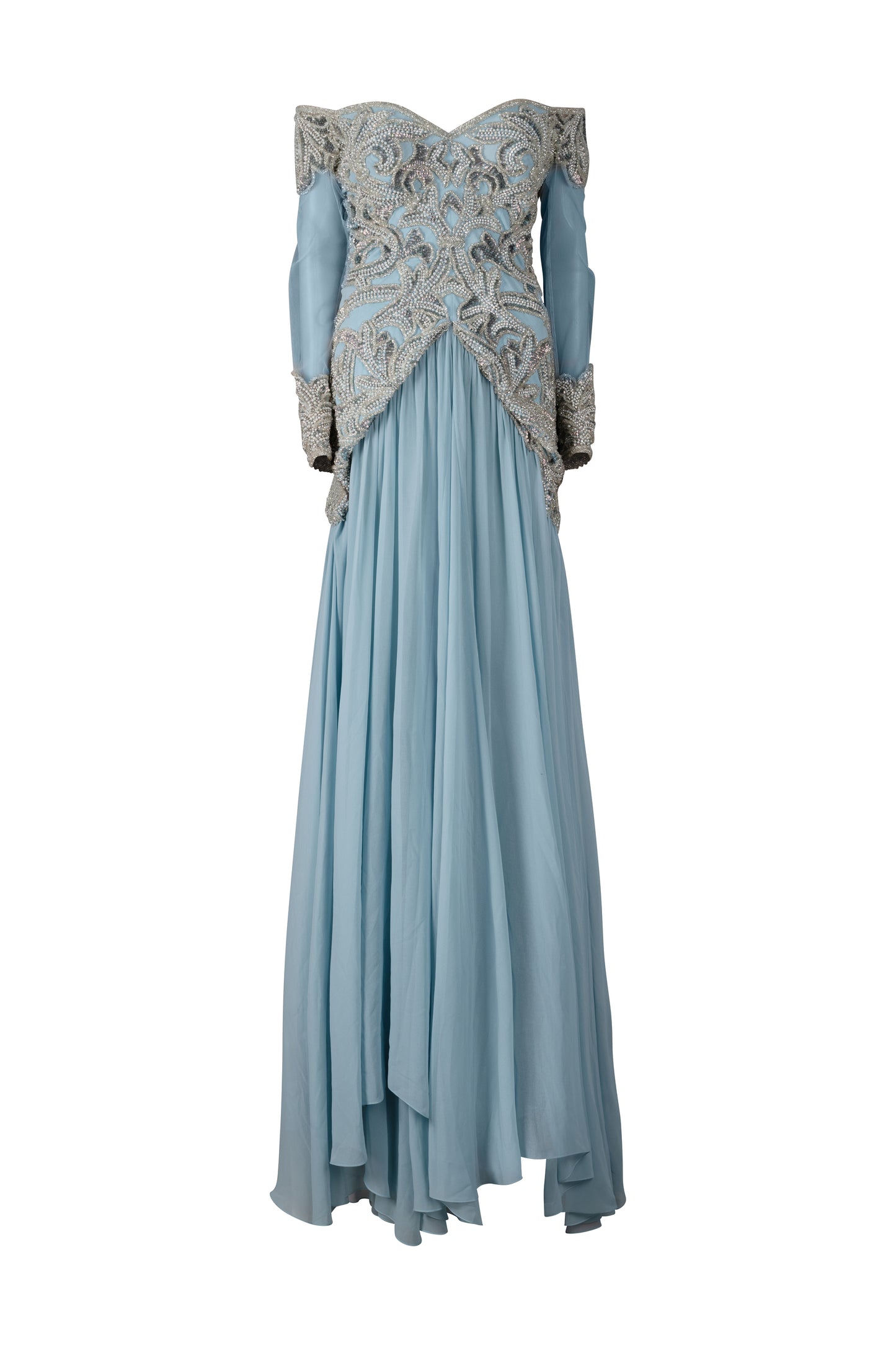 Light Blue Silver Hand Beaded Sleeve Gown