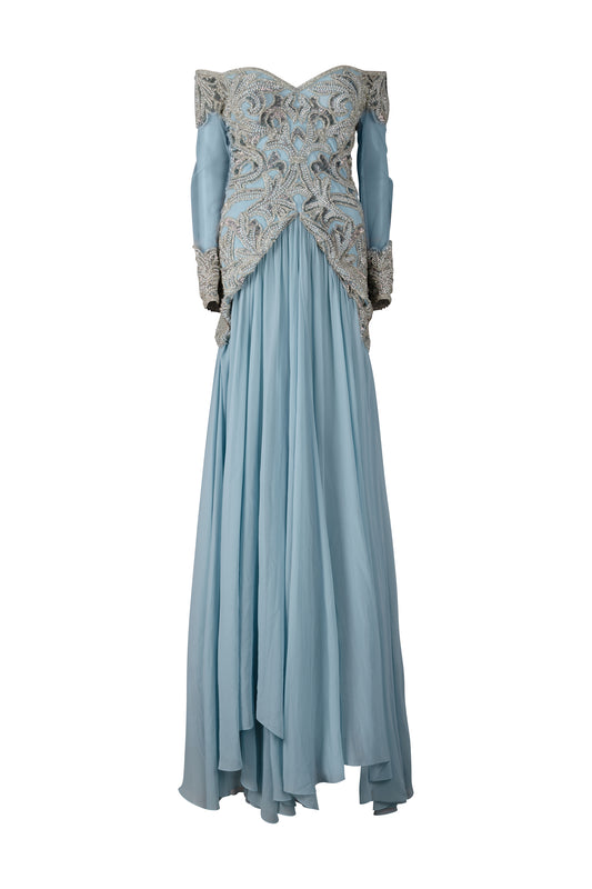 Light Blue Silver Hand Beaded Sleeve Gown