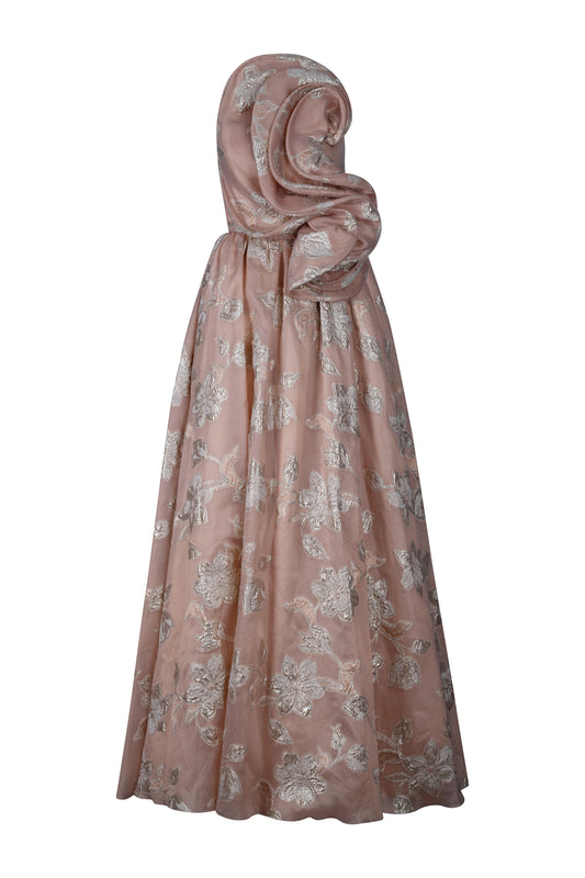 Peach and Gold Organza Brocade Strapless Gown