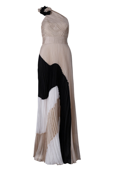 Nude Black and White One Shoulder Pleated Dress