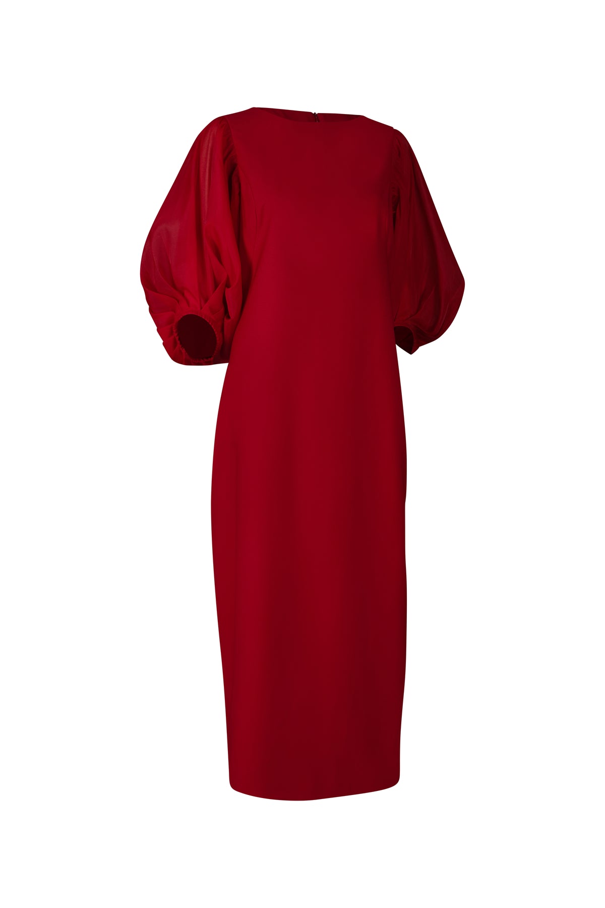 Red Midi Dress with Sheer Puff Sleeves