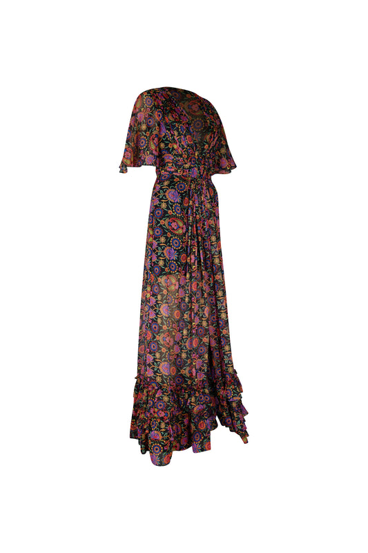 Multi-Color Floral Three-Quarter Sleeve Ruffled Dress