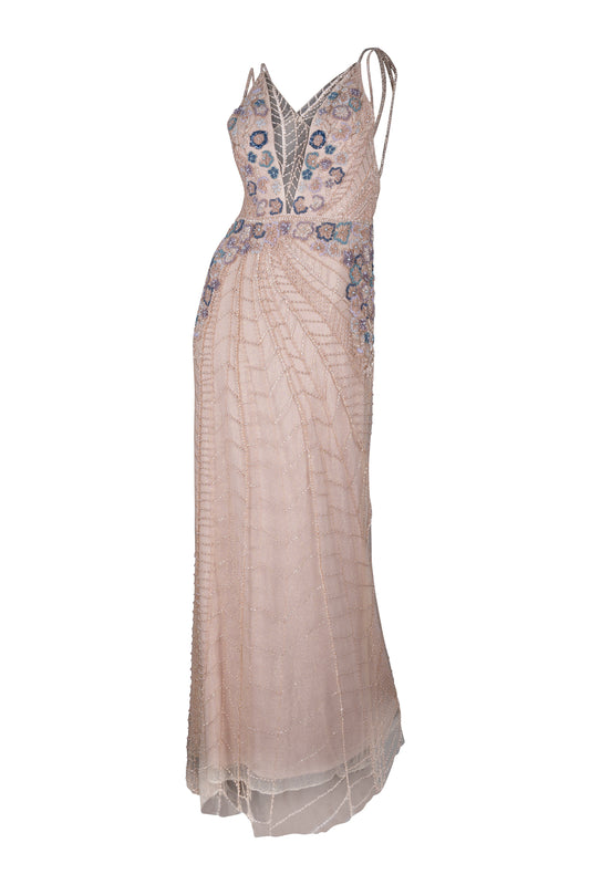 Nude Hand Beaded Mesh Gown
