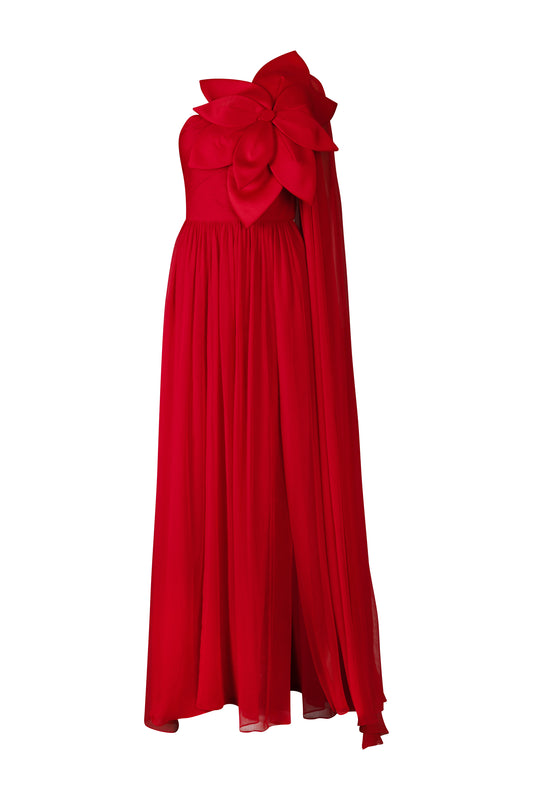 Red Floral Silk One Shoulder Gown