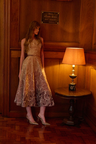 Strapless Earth Tone Midi Embroidered Floral Dress with Hand Sewn Beads and Matching Belt