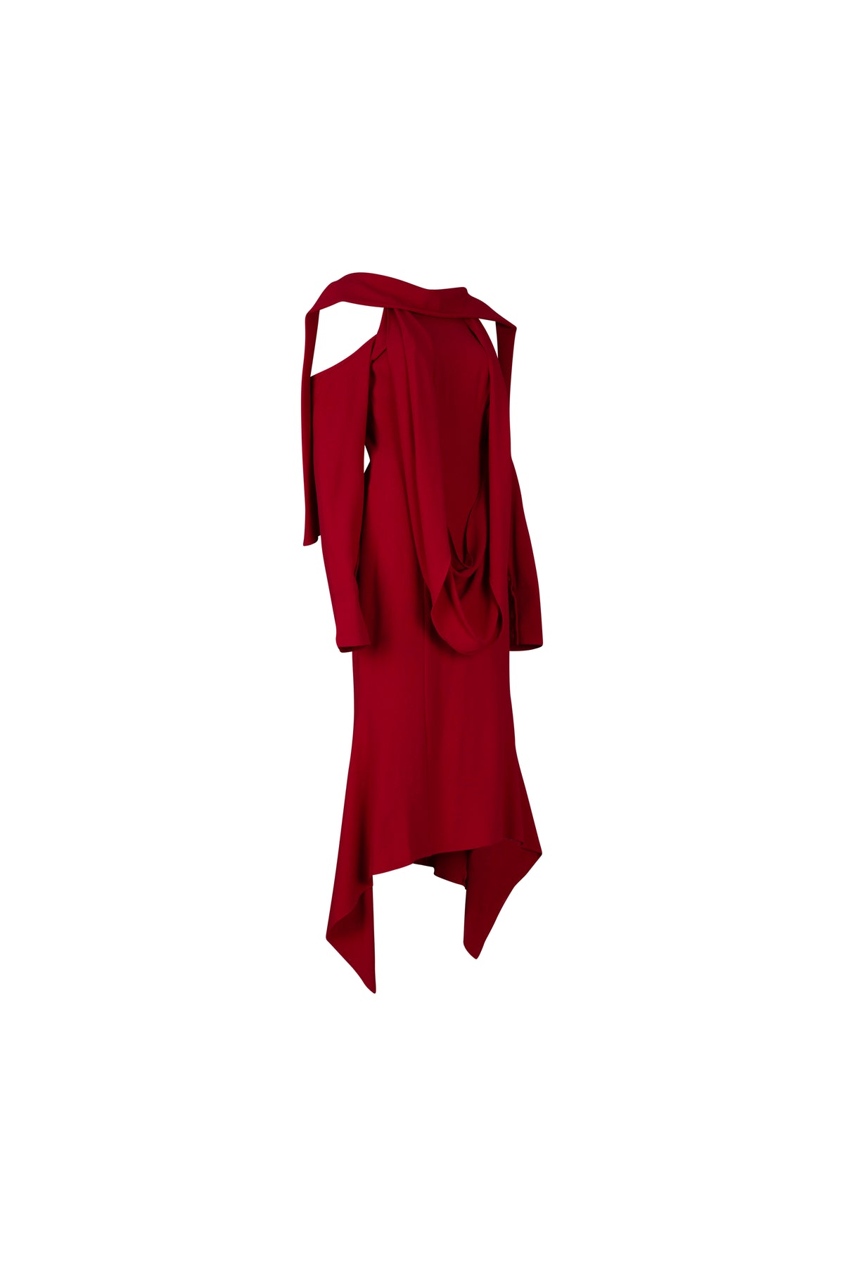Red Cold Shoulder Long Sleeve Draped Midi Dress