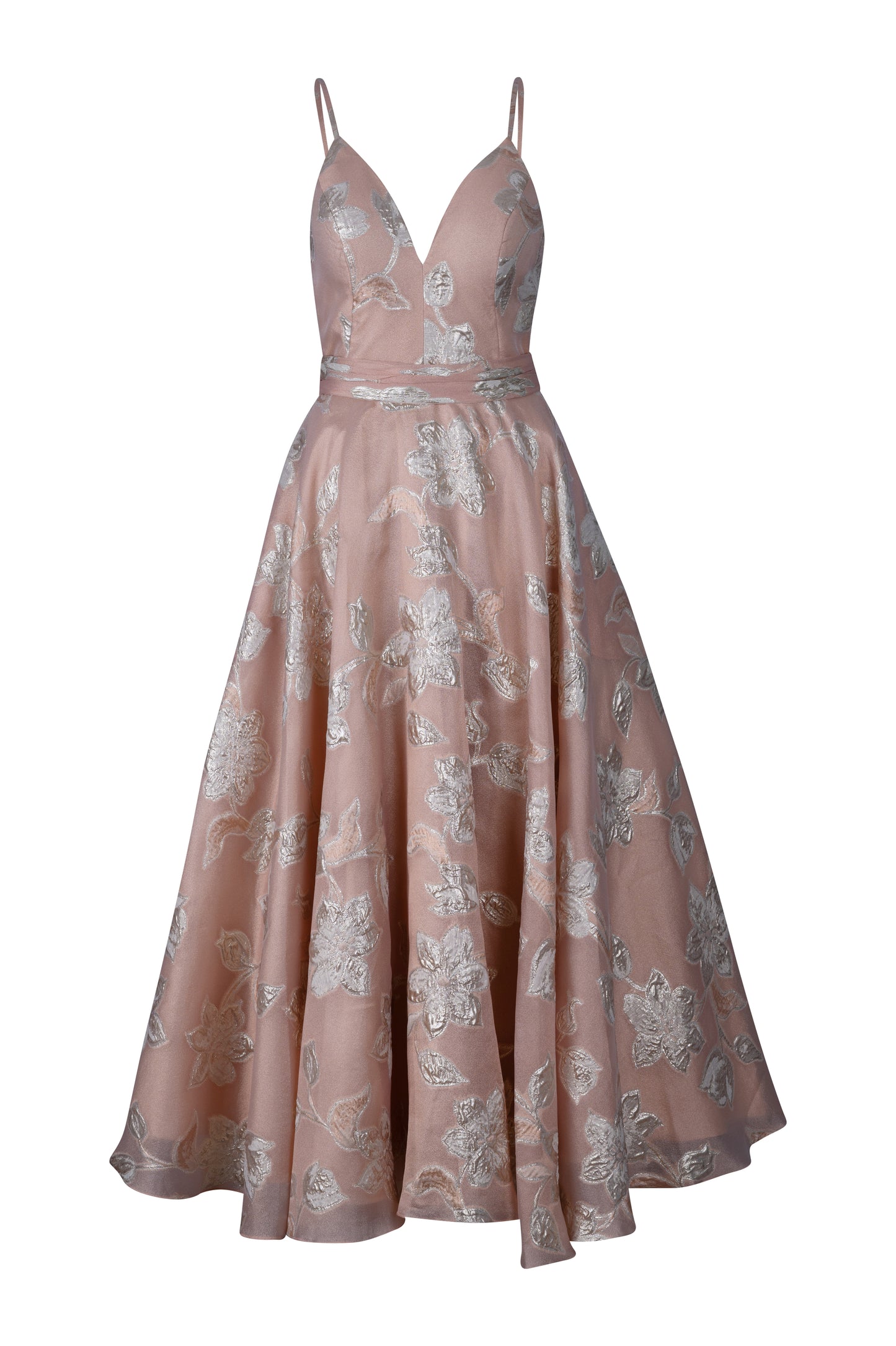 Peach and Gold Floral Organza Brocade Dress
