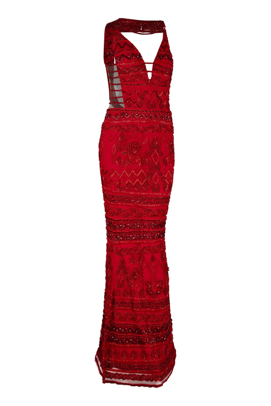Red Hand Beaded Color Gown