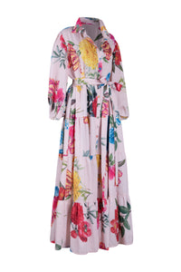 Pink Multi-Color Floral Button Up Long Sleeve Dress