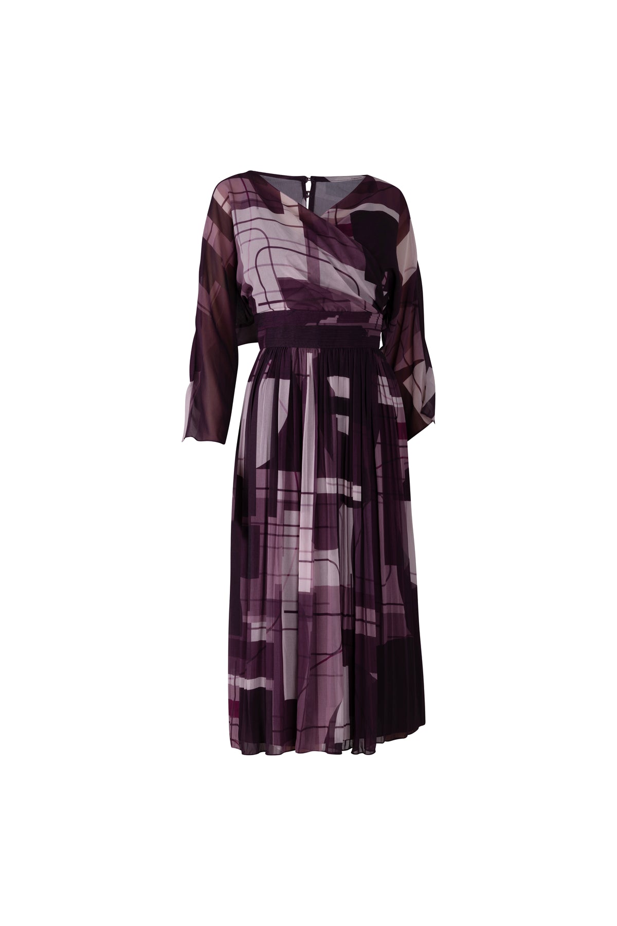 Tri-Color Purple Geometric Pattern Pleated Midi Dress