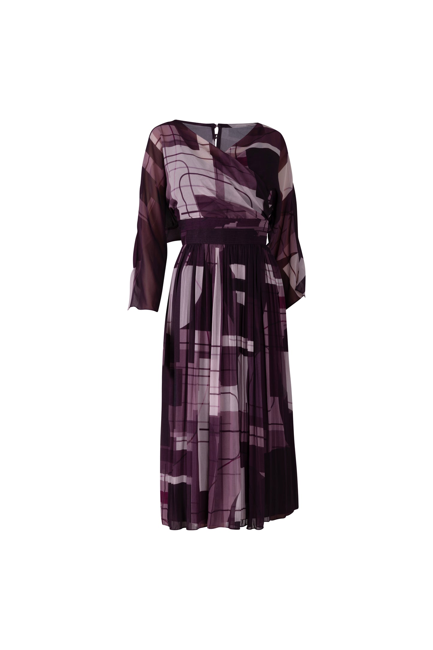 Tri-Color Purple Geometric Pattern Pleated Midi Dress
