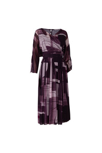 Tri-Color Purple Geometric Pattern Pleated Midi Dress