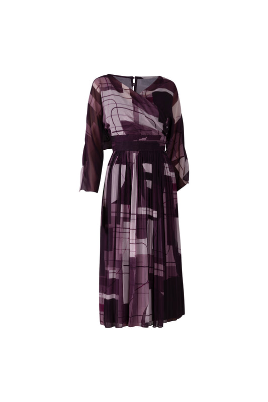 Tri-Color Purple Geometric Pattern Pleated Midi Dress