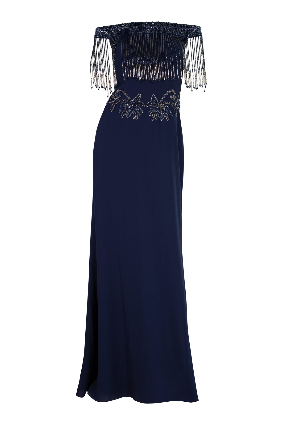 Night Blue Off Shoulder Beaded Fringe Gown