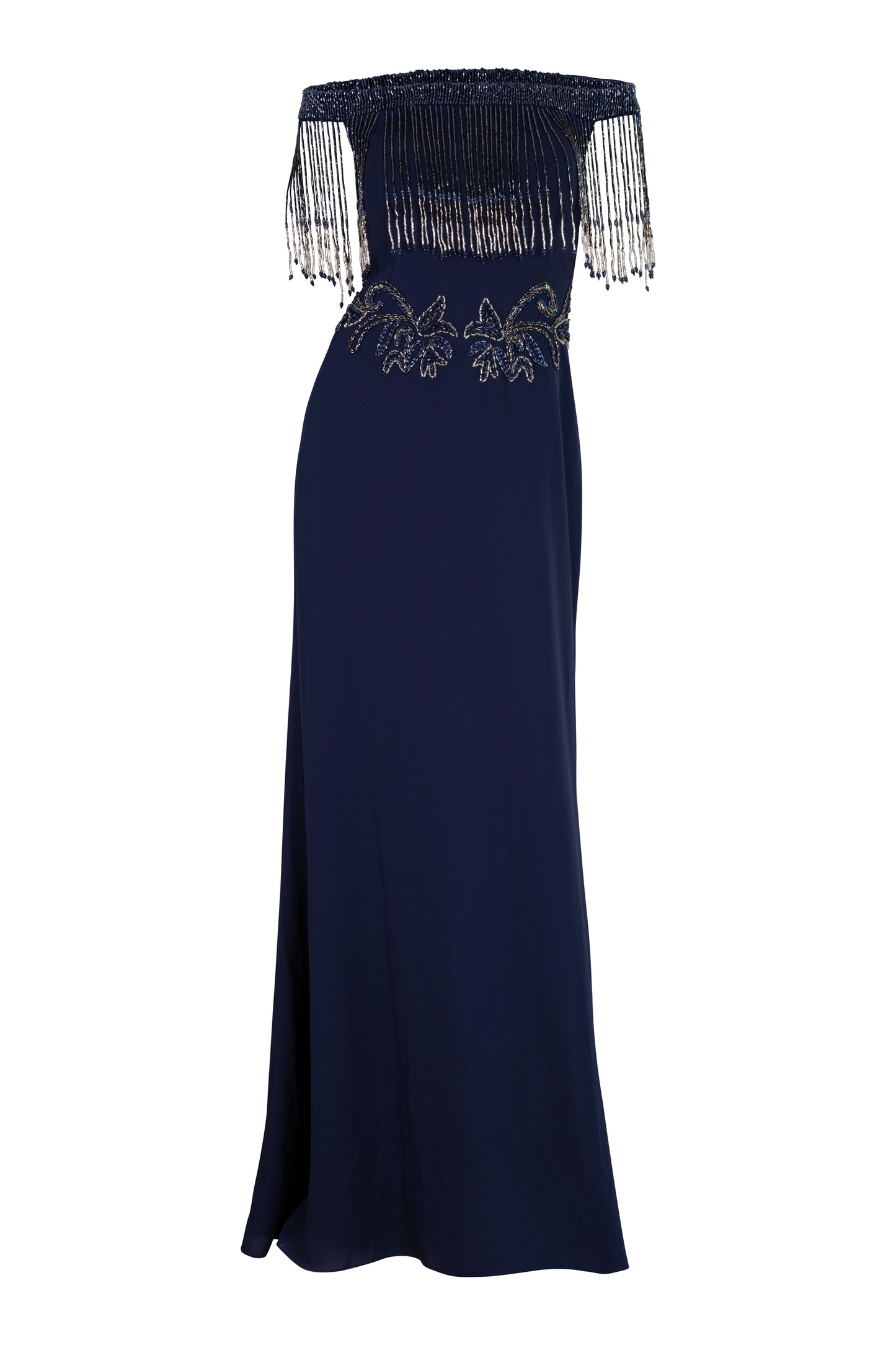 Night Blue Off Shoulder Beaded Fringe Gown