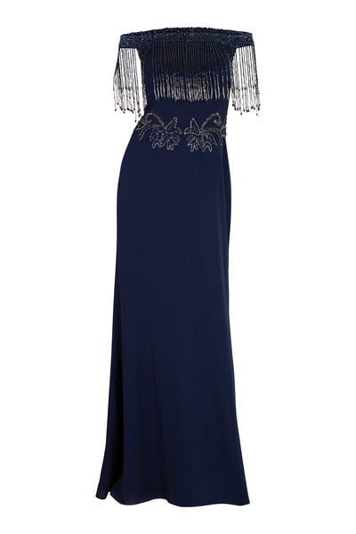 Night Blue Off Shoulder Beaded Fringe Gown