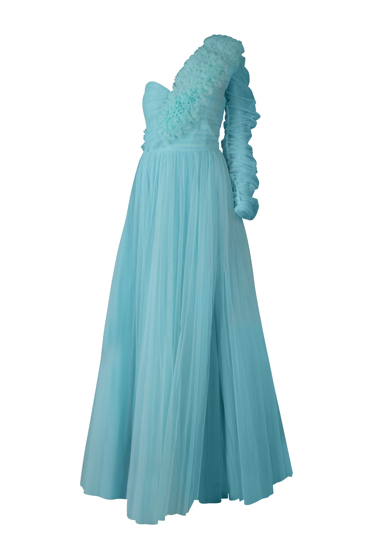 Robin Egg Blue Tulle Ruffle One Shoulder Gown