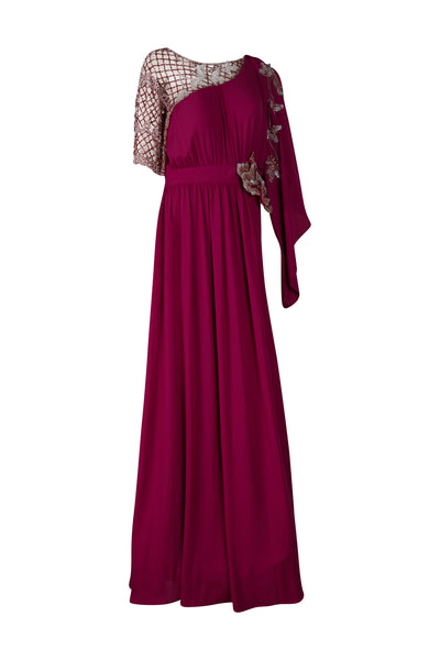 Magenta Hand Beaded Draped Gown