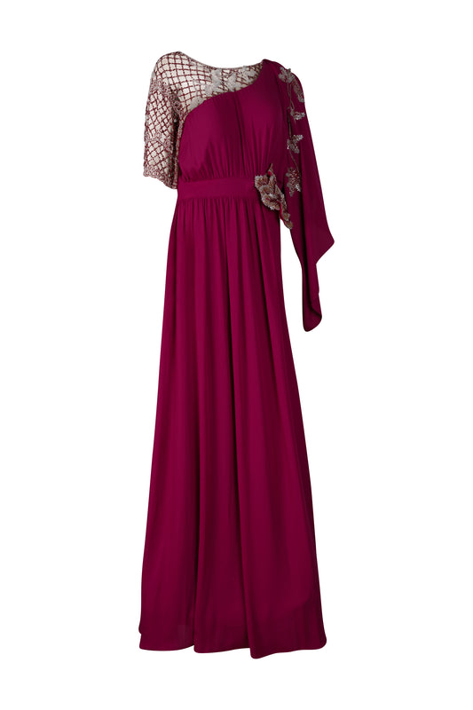 Magenta Hand Beaded Draped Gown