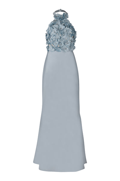 Light Blue Halter Floral Taffeta Gown