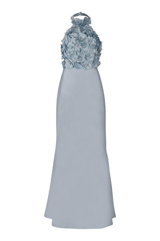 Light Blue Halter Floral Taffeta Gown