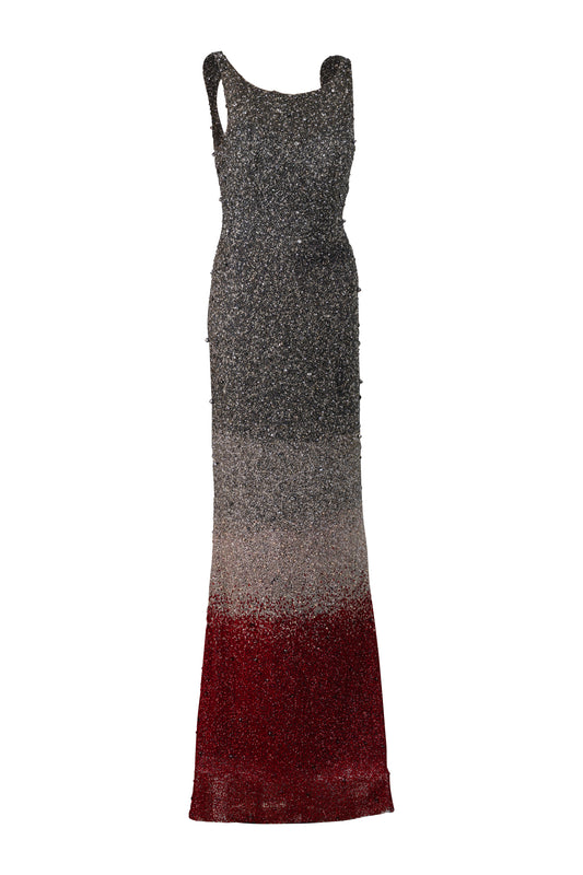 Silver and Red Hand Beaded Gown