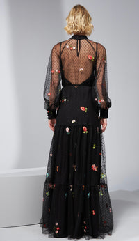 Black Full Dress with Embroidered Flowers