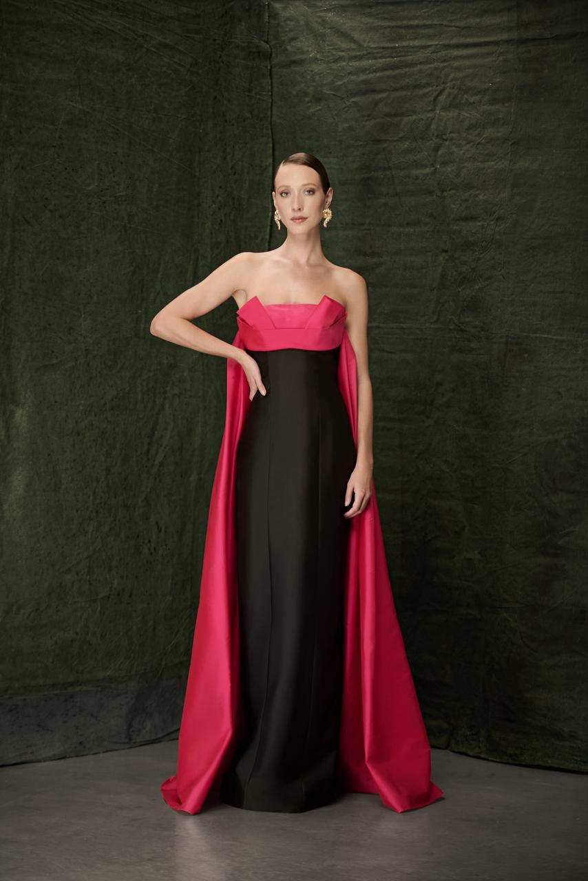 Strapless Black Gown with Fuchsia Cape with a Black Sash and Back Slit