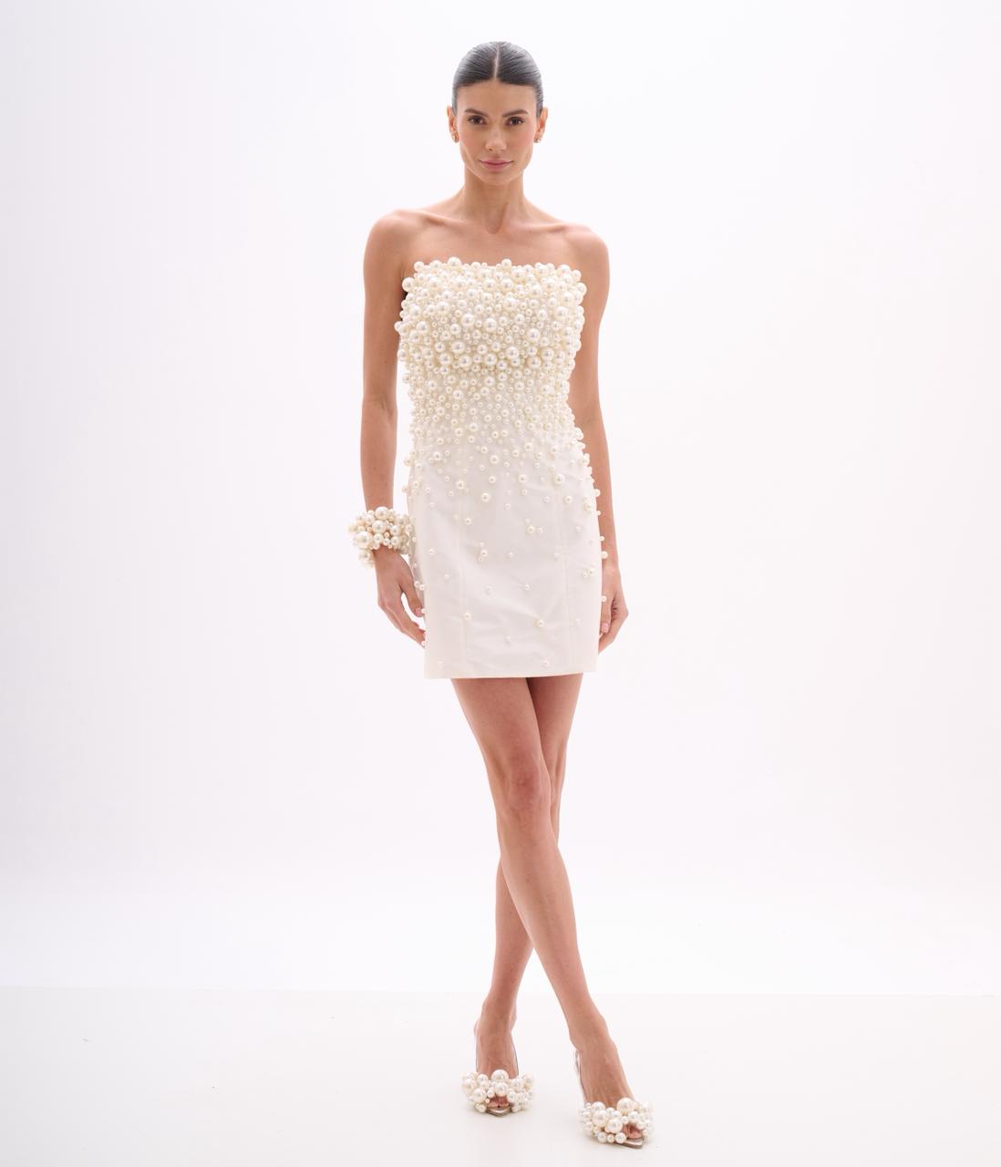 White Strapless Mini Dress with Pearl Applique