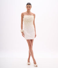 White Strapless Mini Dress with Pearl Applique