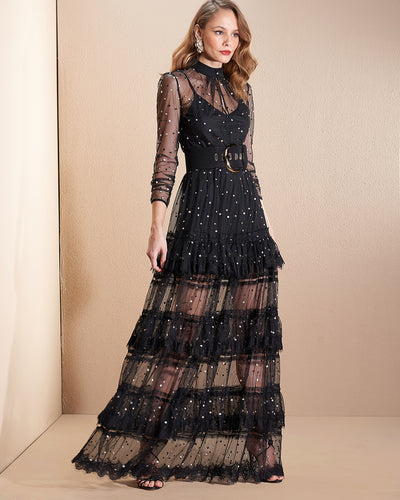 Black Tulle with Gold Polka Dots Sheer Long Sleeves Long Dress