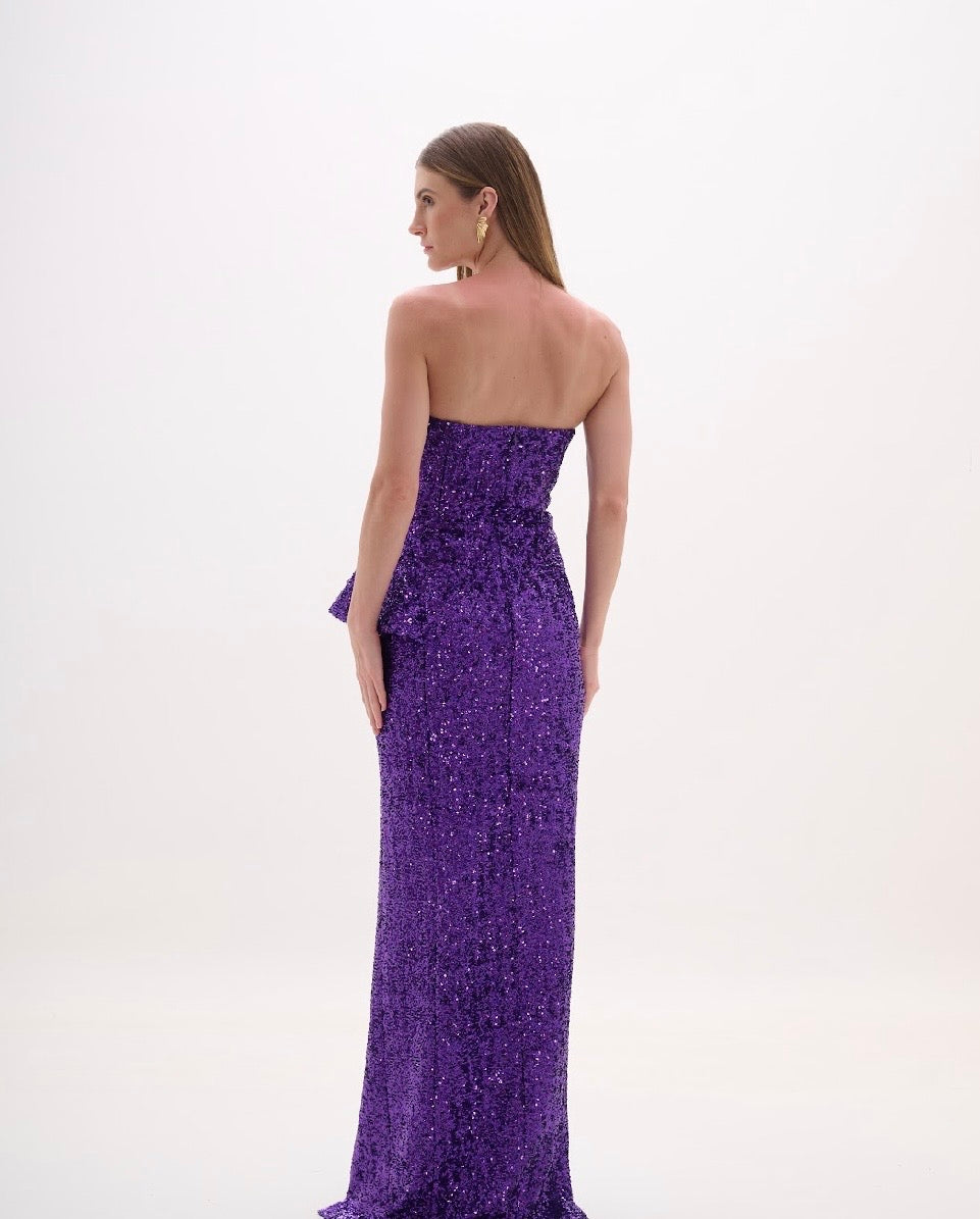 Purple Strapless Peplum Sequin Gown