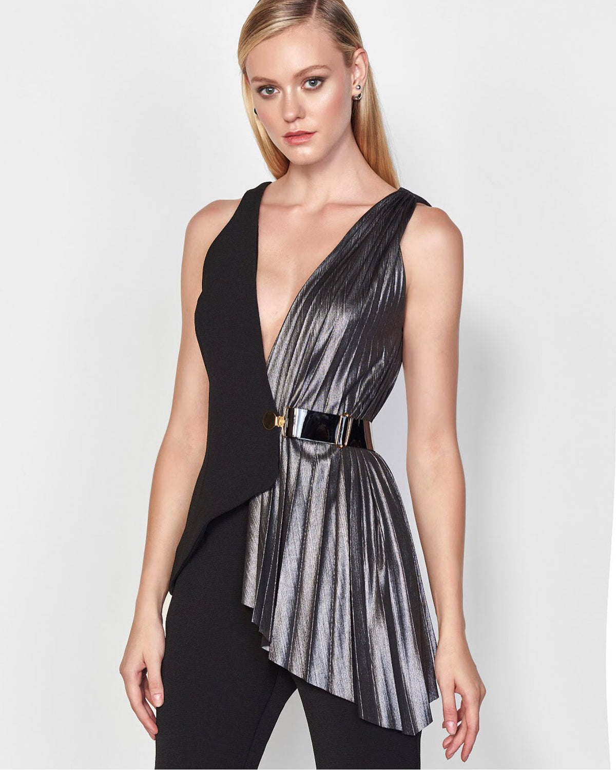 Black and Silver Metallic Pleated Jumpsuit