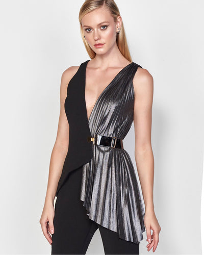 Black and Silver Metallic Pleated Jumpsuit