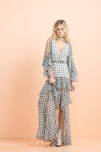 White and Gray Ruffle Dress with Three Quarter Sleeves